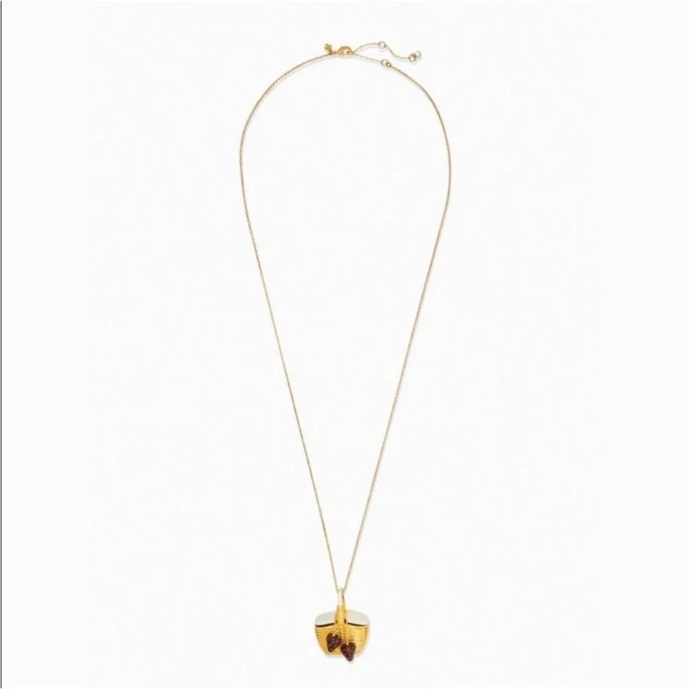 KATE SPADE Gold Picnic Basket Strawberry Long Pendant Statement Necklace